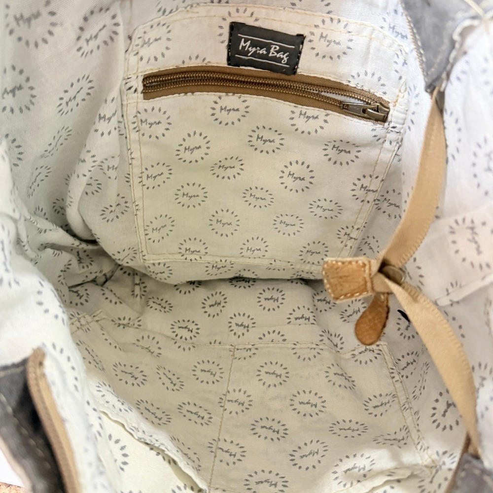 Myra Bag Floral Canvas Leather Tote Shoulder Bag Grey Boho Abstract Key S-1456 - Picture 8 of 11